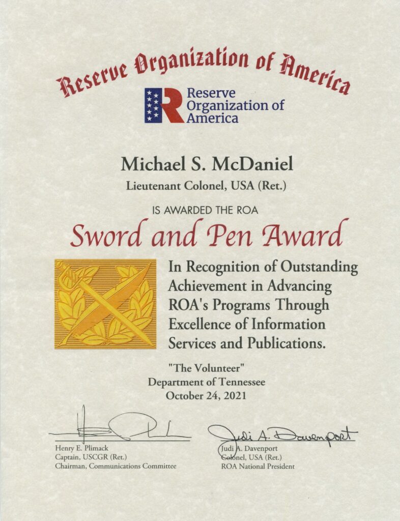 Awards recently received from the Reserve Organization of America for newsletter designs